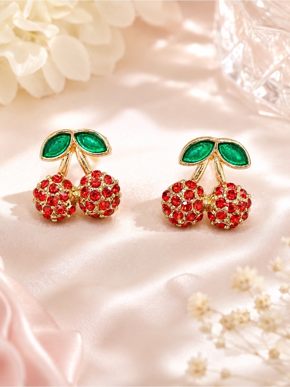 Sparkling Cherry Rhinestone Stud Earrings | Red & Green | Gold Tone